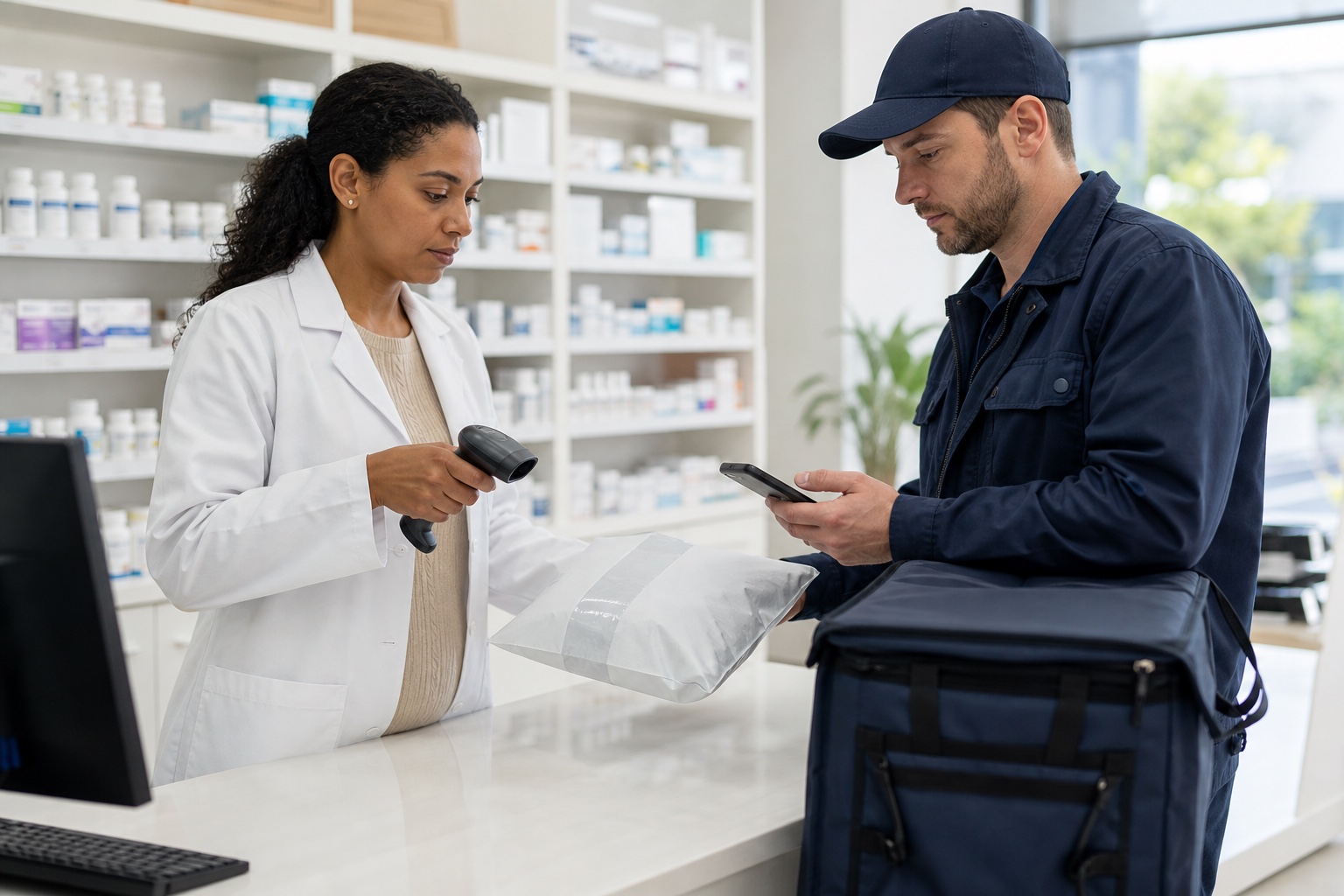 A pharmacy professional and medical courier verifying a sealed package at pickup